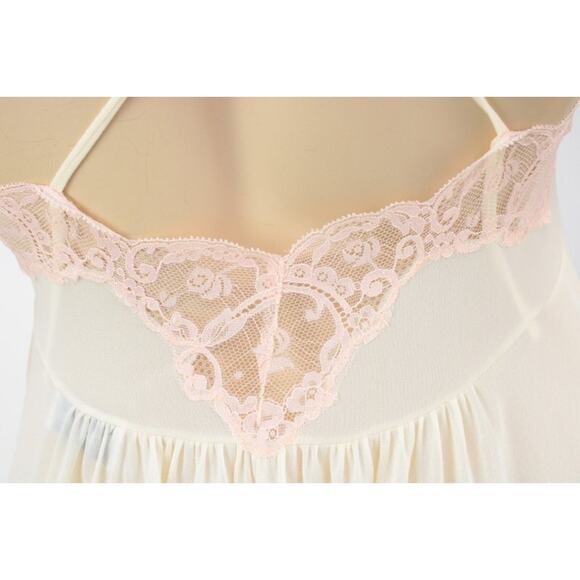 Vintage Annique Wide Sweep Nightgown M Yellow Nylon Pink Lace Criss Cross Straps - Picture 11 of 14